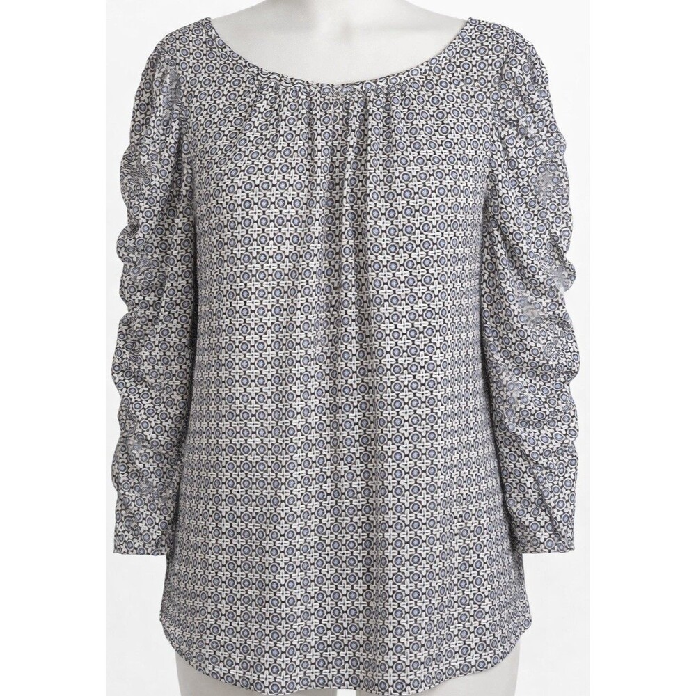 Max Studio Small Blue Cream Geometric Print Long Sleeve Boho Blouse